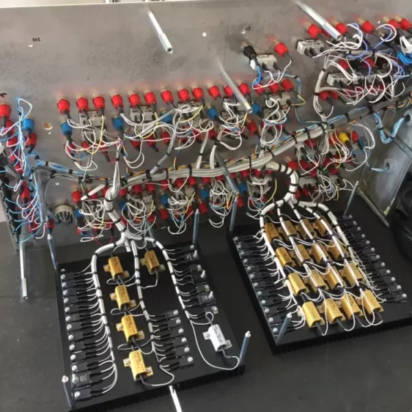 Arrière d'un banc de test câblé électriquement de façon très propre et professionelle